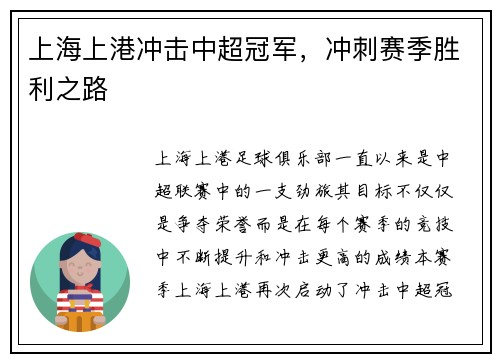 上海上港冲击中超冠军，冲刺赛季胜利之路