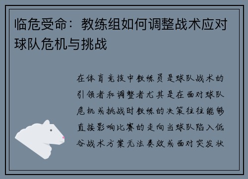 临危受命：教练组如何调整战术应对球队危机与挑战