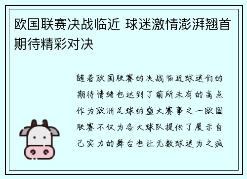 欧国联赛决战临近 球迷激情澎湃翘首期待精彩对决