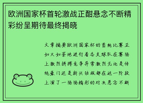 欧洲国家杯首轮激战正酣悬念不断精彩纷呈期待最终揭晓