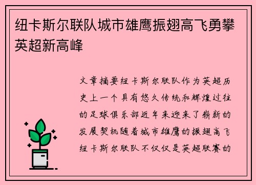 纽卡斯尔联队城市雄鹰振翅高飞勇攀英超新高峰