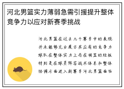河北男篮实力薄弱急需引援提升整体竞争力以应对新赛季挑战