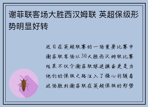 谢菲联客场大胜西汉姆联 英超保级形势明显好转