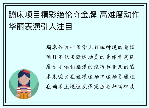 蹦床项目精彩绝伦夺金牌 高难度动作华丽表演引人注目