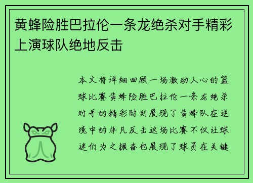 黄蜂险胜巴拉伦一条龙绝杀对手精彩上演球队绝地反击